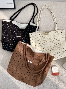 Corduroy Tote Bag Heart Bowknot Print Large Capacity Shoulder Handbag Casual Commuting Fashion For Women