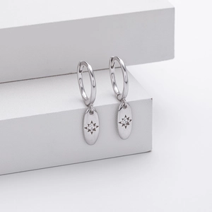 S925 sterling silver hoop earrings with North Star engraved charms and crystal