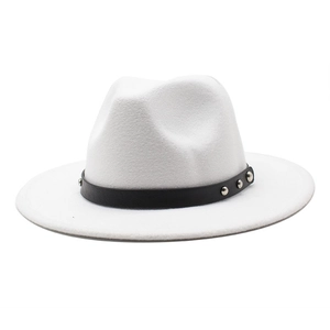 Classic white wool fedora hat with black studded leather band and flat brim for men and women
