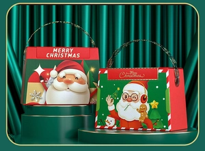 Detail of Christmas gift boxes with festive illustrations and round carry handles