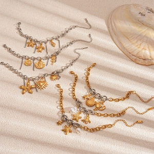Ocean Theme Charm Bracelet Stainless Steel Starfish Turtle Octopus Shell Artificial Pearl Two-Tone Gold Silver Summer Beach Vacation Vintage Women Jewelry