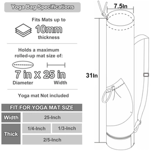 Yoga mat bag specifications showing 31x7.5 inch dimensions and size compatibility chart