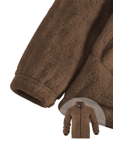 Detail of soft fleece fabric and cuffs on a dark brown men's stand-collar jacket