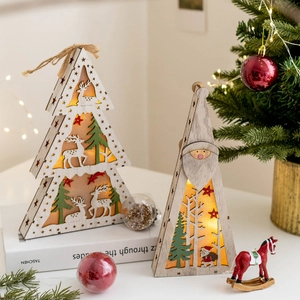 Christmas Wooden LED Lighted Ornament Hollow Carved Santa Reindeer Desktop Decor Warm Light Box Festive Xmas Home Gift