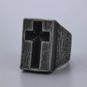 Vintage gothic cross signet ring in distressed silver finish with textured metal details