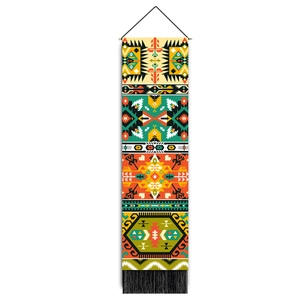 Bohemian wall tapestry with geometric prints, wooden rod and elegant black tassels