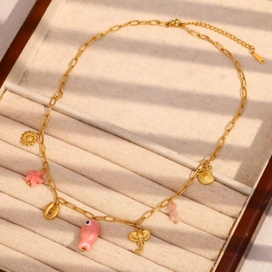 18K gold-plated paperclip necklace with pink shell fish and sunflower charms