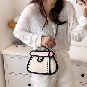 Chic 2D cartoon style beige and pink canvas handbag with black chain strap for women