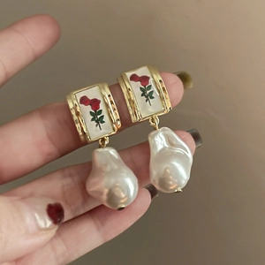 Baroque irregular pearl earrings with gold frame and red rose floral enamel painting