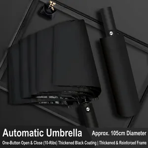 Automatic 10-rib UV umbrella with 105cm diameter and premium black coating for sun and rain