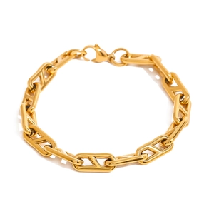 Elegant gold stainless steel geometric chain bracelet for women on a white background