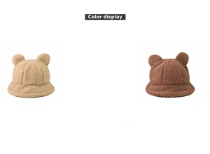 Detail view showing beige and dark brown teddy fleece bucket hats with cute bear ears