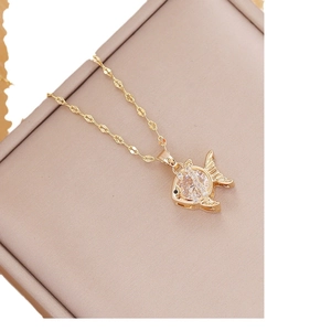Cute fish pendant necklace in 18K gold finish with clear zircon stones and textured chain