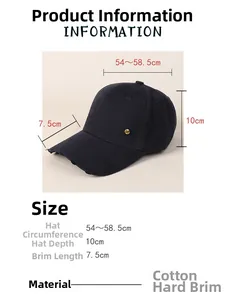 Detail of navy cotton baseball cap with distressed brim and golden metal H buckle
