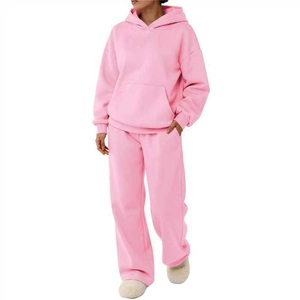 Men's pink hooded sweatshirt and loose sweatpants set with dropped shoulder style