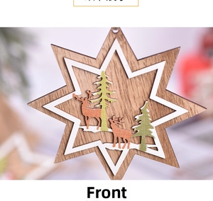 Detail of wooden 3D star ornament featuring reindeer and pine trees for Christmas decor