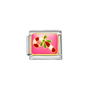 Italian modular stainless steel charm featuring a pink enamel Christmas candy cane design