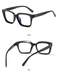 Detail view of square black eyeglasses frames showing 45-degree side and back angles