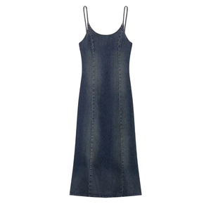 Washed Denim Spaghetti-Träger Midi-Kleid U-Ausschnitt Ärmellos Slim Fit Retro Casual Langes Kleid Für Damen