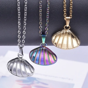 Polished stainless steel shell pendants in silver, gold and rainbow colors on necklaces