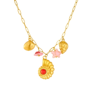 Gold stainless steel paperclip necklace with seashell starfish and pink hat charms