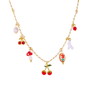 Gold-plated cherry and mushroom charm necklace featuring ceramic flowers and pearls