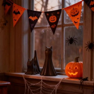 Drie minimalistische zwarte spookkatjes in een sfeervolle Halloween-vensterbank scène