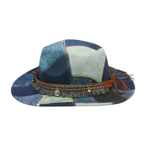 Bohemian patchwork denim jazz hat with ethnic braided band, beads and long tassels