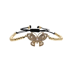 Adjustable woven butterfly bracelet with gold beads and sparkling zircon stones