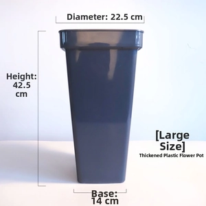 Detail of large dark gray flower bucket with precise dimensions 42.5cm height and 22.5cm width