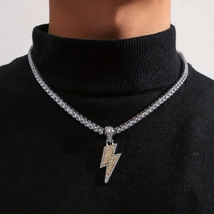 Hip hop lightning bolt pendant with sparkling crystals on a classic tennis chain necklace