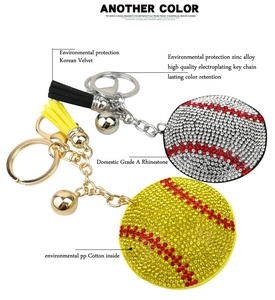 Close-up of sparkling rhinestone baseball keychain with velvet tassel and bell detail