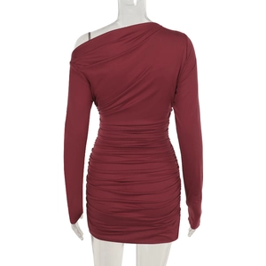 Detail showing the ruched design and slim fit of the wine red off-shoulder dress from back view
