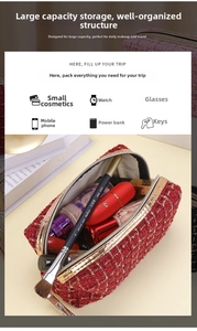 Detail der roten Tweed-Kosmetiktasche mit großem Stauraum für Make-up-Pinsel und Zubehör