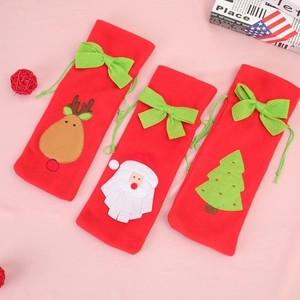 Three-piece Christmas wine bottle gift bags with reindeer, Santa, and tree embroidery