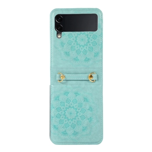Detail of light green leather phone case for Samsung Z Flip with mandala embossed pattern