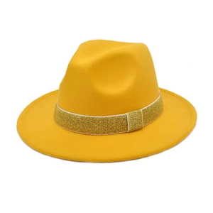 Classic bright yellow wool fedora hat with a shimmering gold glitter band for unisex style