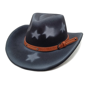 Detail of black felt cowboy hat featuring grey star patterns and studded leather band