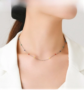 Detailed close-up of S925 sterling silver necklace featuring vibrant colorful rainbow beads