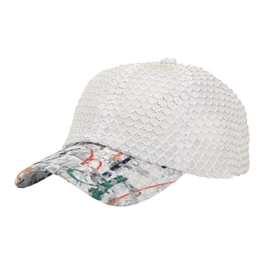 Detail of white breathable mesh fabric and street-style graffiti printed brim on cap
