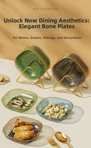 Detail of multi-color PET snack plates with hammer pattern and golden metal storage rack