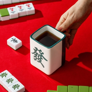 Creative mahjong style ceramic mug with green handle and Chinese lucky character design