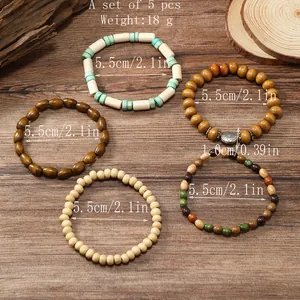 Detailed dimensions of 5-piece set of colorful wood bead flower elastic bracelets