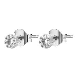 Sparkling S925 silver geometric round earrings with pave zircon stones on white background