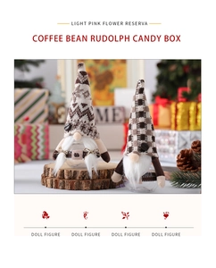 Detail of Christmas gnome coffee bean storage jar on a rustic wooden base