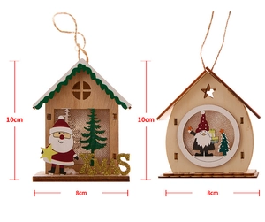 Detail view of 10x8cm wooden Christmas house ornaments with Santa and gnome figurines