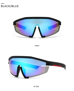Front and 45-degree side views of black frame sports sunglasses with blue-purple lenses