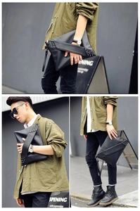 Three perspectives of a black punk style motorcycle clutch bag with rivets and wrist strap