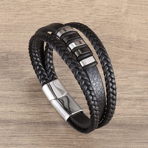 Multilayer black braided leather bracelet for men with silver metal charm and magnetic clasp