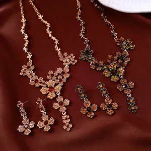 Vintage Flower Cross Jewelry Necklace And Earrings Alloy Rhinestone With Silver Earring Post French Palace Style Women